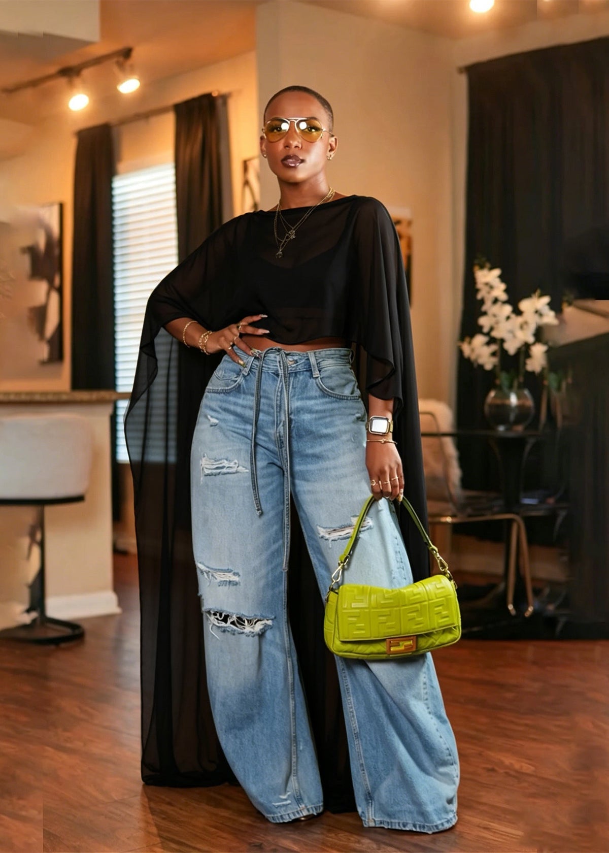 Mesh Batwing-Sleeve Cape