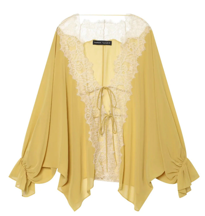 Long-sleeved Asymmetrical Lace-trimmed Shirt