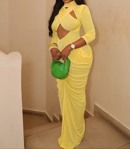 High Neck Cross Cutout Ruched Maxi Dress