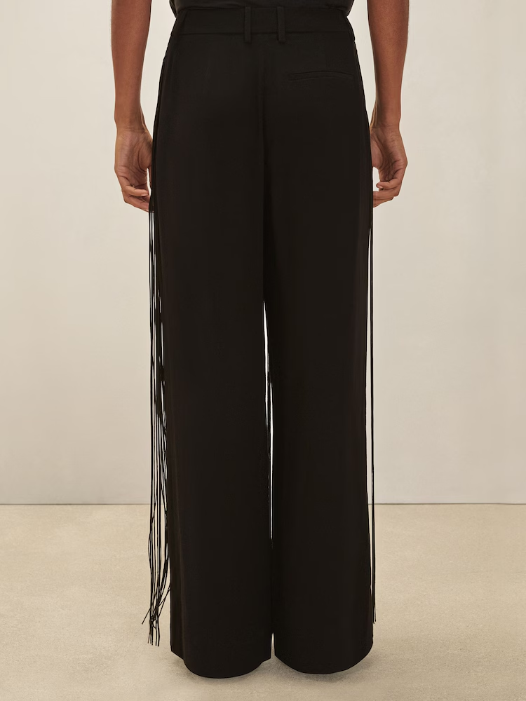 Black Fringe Wide‑Leg High Waist Pants