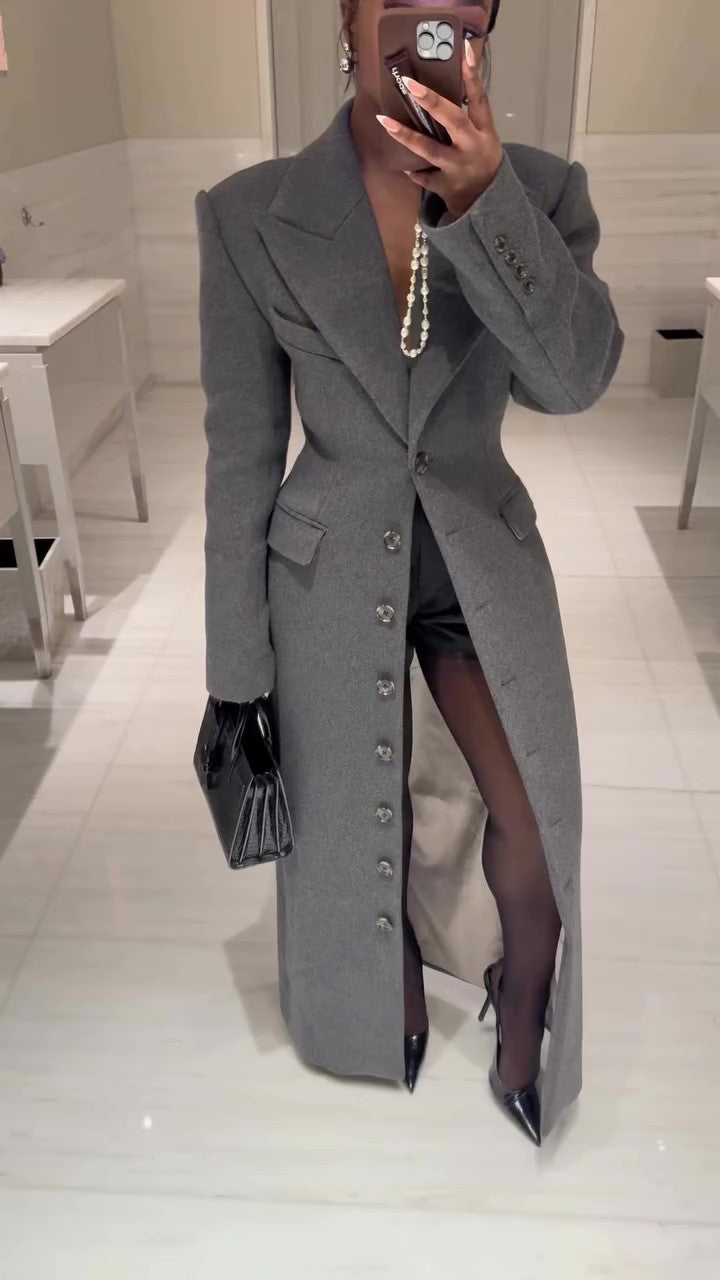 Structured Lapel Cinched‑Waist Suit Overcoat
