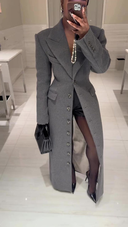 Structured Lapel Cinched‑Waist Suit Overcoat