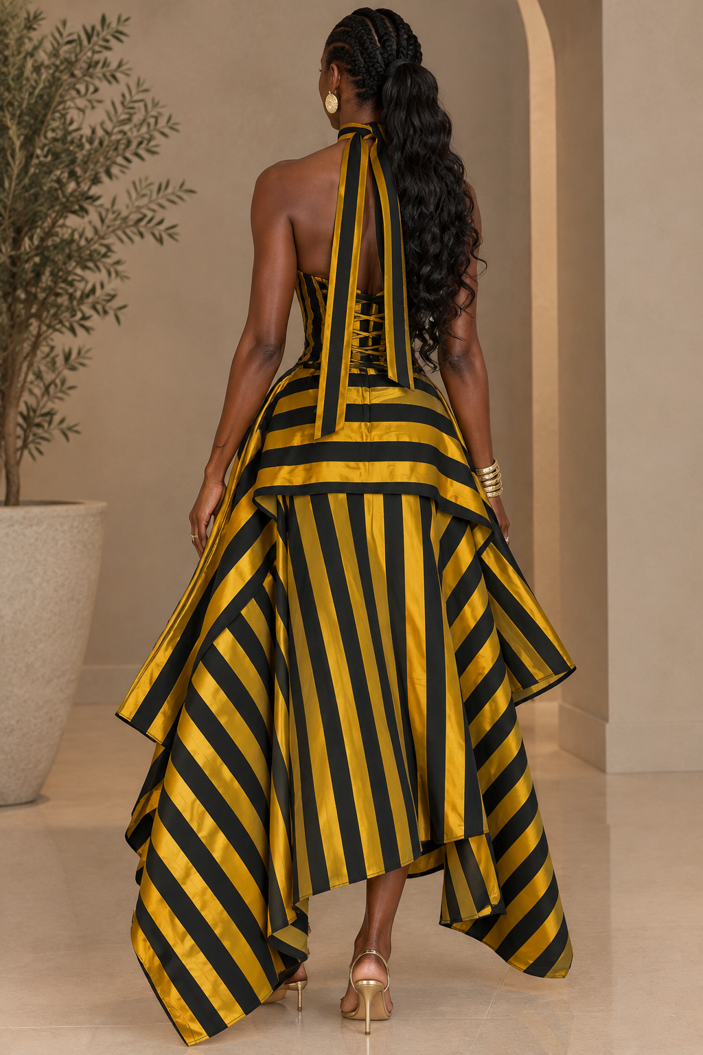 Striped Print Patchwork Ruffle Set
