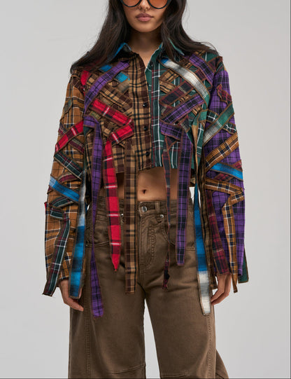 Patchwork Plaid Fringe Ribbon Cropped Button‑Down Shirt