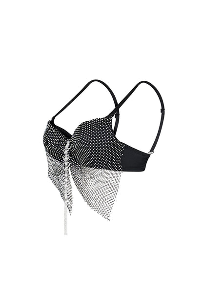 Rhinestone Mesh Chain Tassel Crop Bustier Top