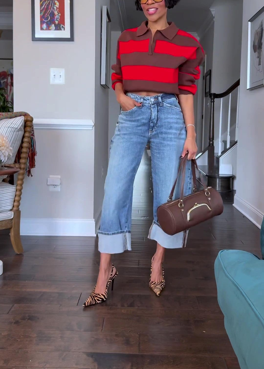 Collared Striped Knit Top