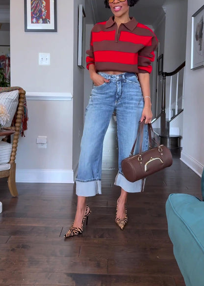 Collared Striped Knit Top