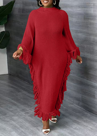 Fringed Mock-neck Sweater Dress