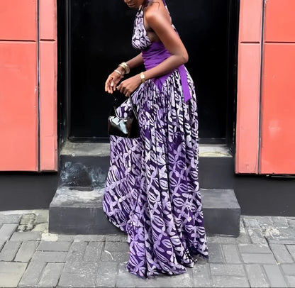 Halter Mixed Print Flowy Maxi Dress