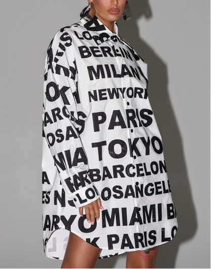 City Letter Print Oversized Shirt Mini Dress