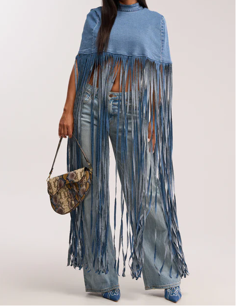 Long Fringe Denim Open‑Back Cape Top