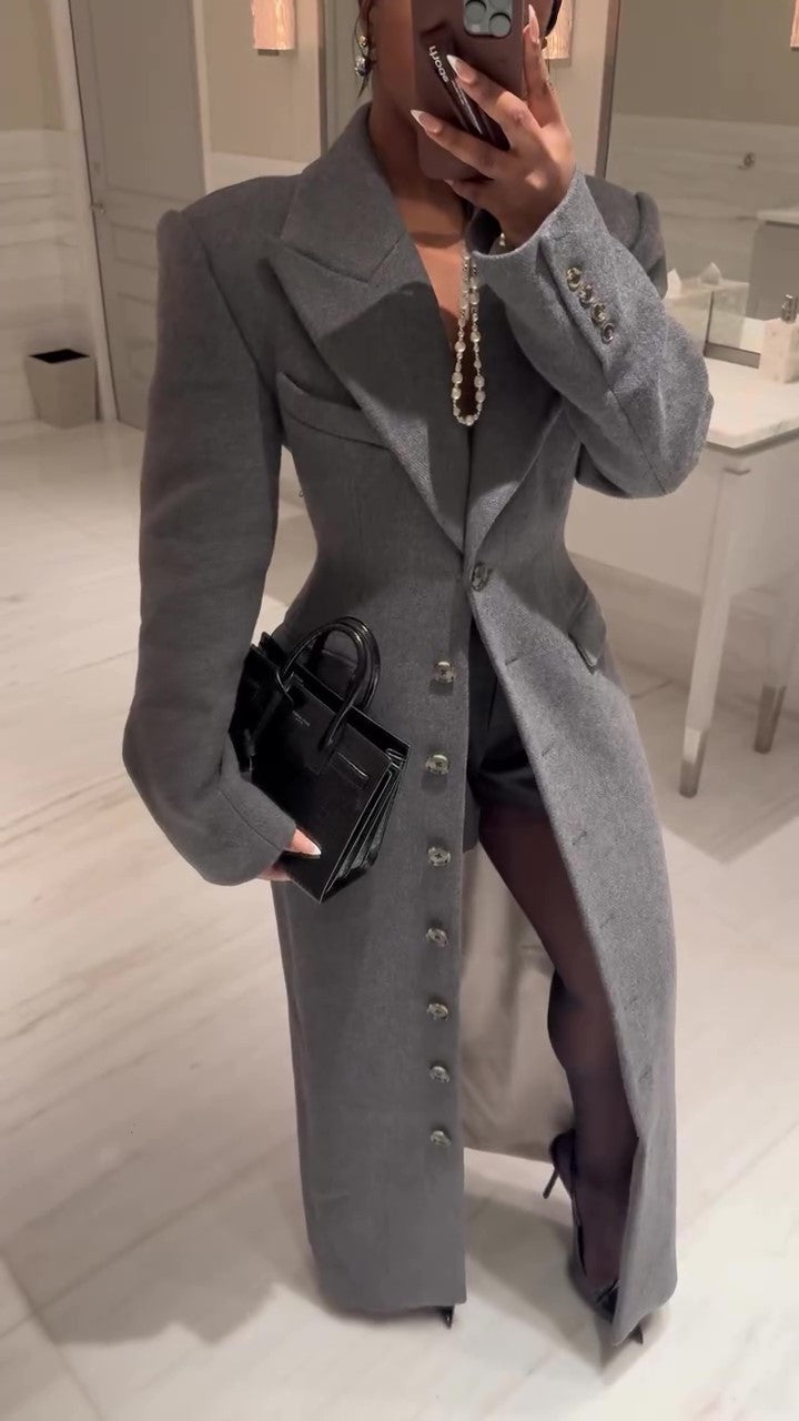 Structured Lapel Cinched‑Waist Suit Overcoat