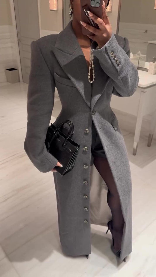Structured Lapel Cinched‑Waist Suit Overcoat