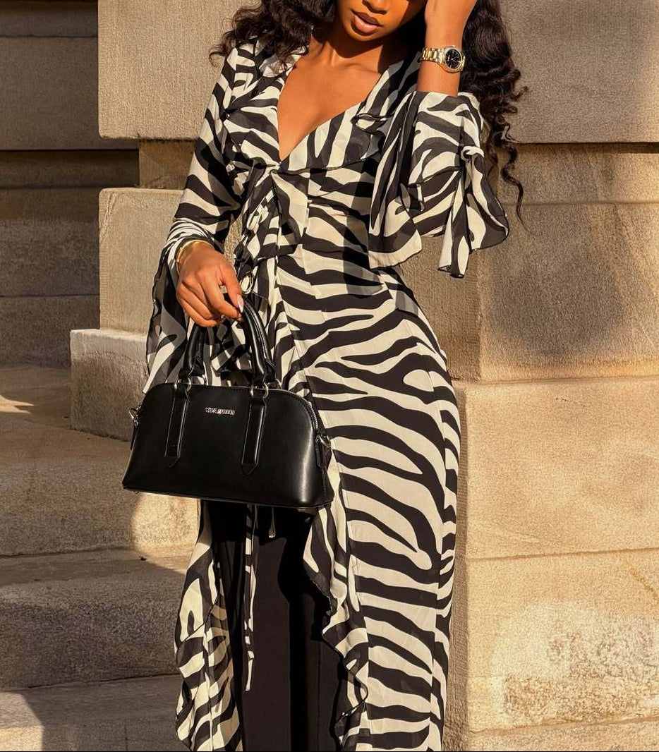 Zebra Print Ruffle High‑Low Kimono Top
