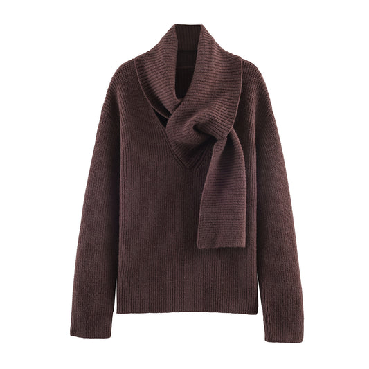 Knotted Cowl Neck Ribbed Knit Sweater