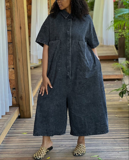 Single-breasted Loose-fit Denim Jumpsuit