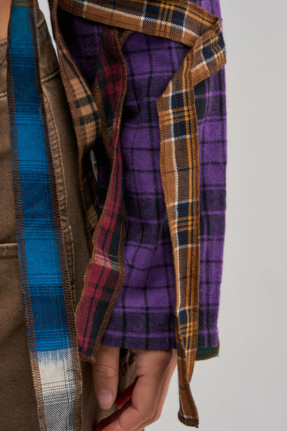 Patchwork Plaid Fringe Ribbon Cropped Button‑Down Shirt