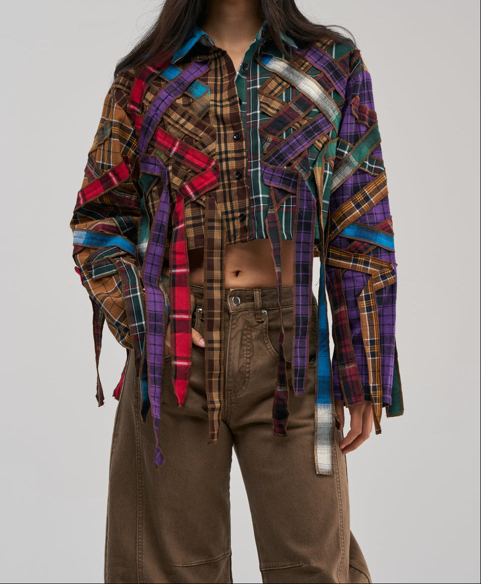 Patchwork Plaid Fringe Ribbon Cropped Button‑Down Shirt