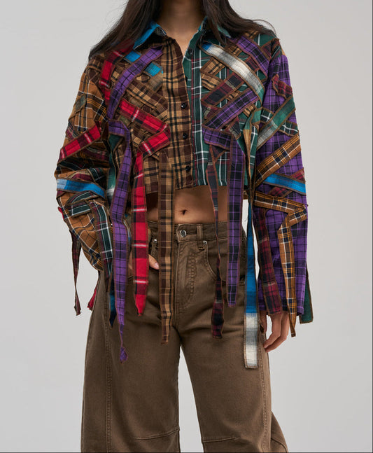 Patchwork Plaid Fringe Ribbon Cropped Button‑Down Shirt