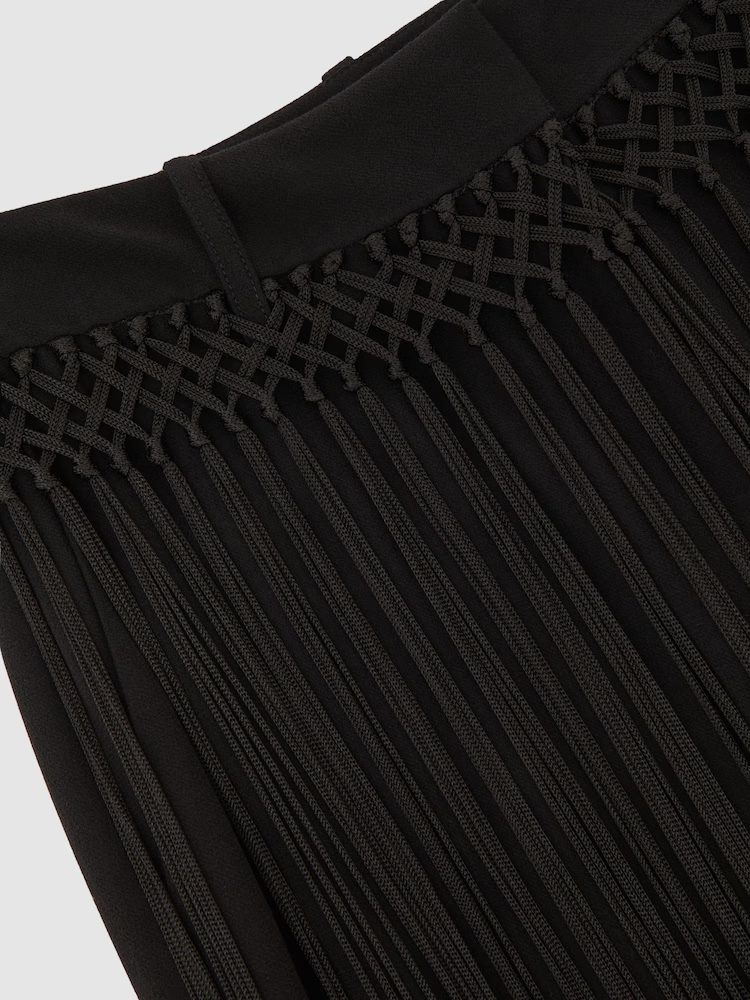 Black Fringe Wide‑Leg High Waist Pants