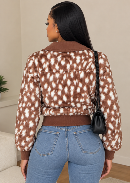 Fuzzy Printed Crop Zip Jacket