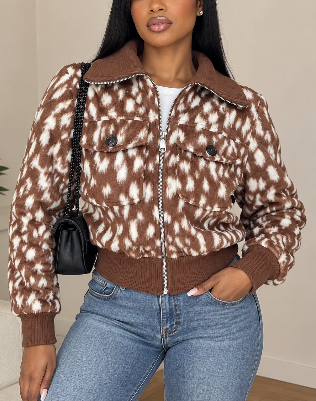 Fuzzy Printed Crop Zip Jacket