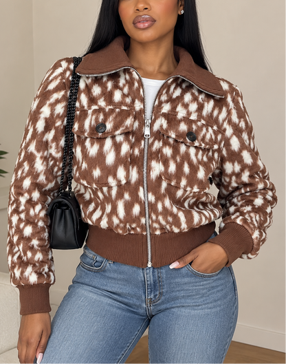 Fuzzy Printed Crop Zip Jacket