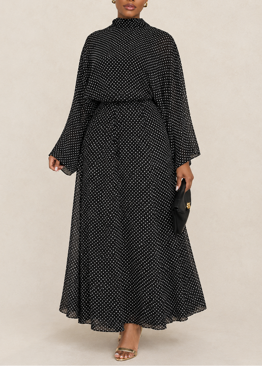 Stylish Polka-Dot Shirt with Bow Detail And Matching Long Skirt Set