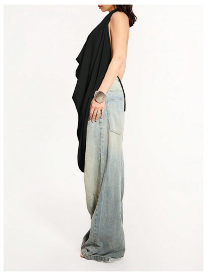 Backless Draped Halter Asymmetrical Top