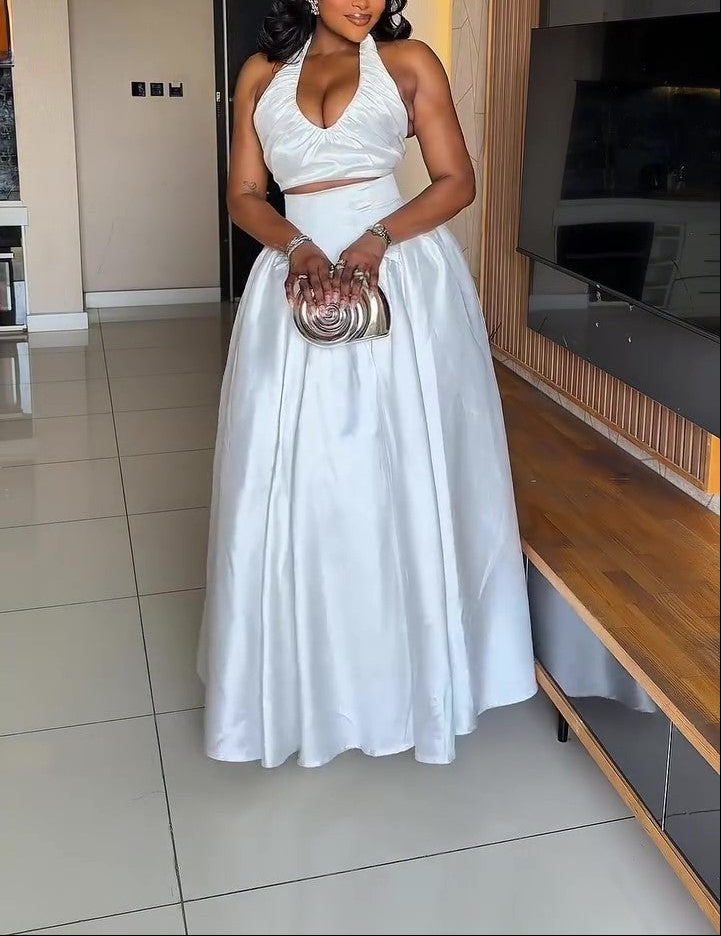 Satin Halter Cutout Waist Maxi Dress