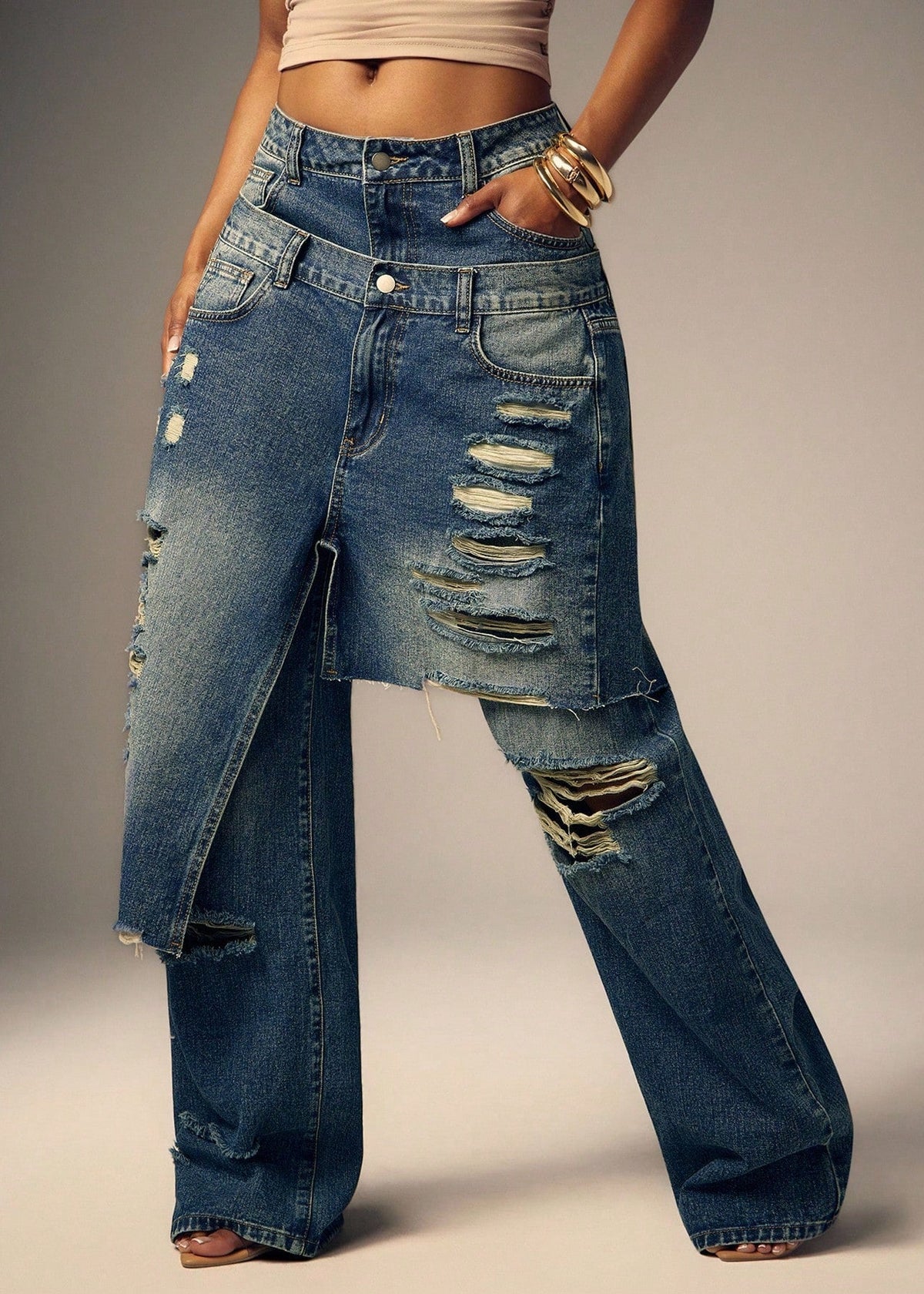 Double-waistband Wide-leg Ripped Jeans