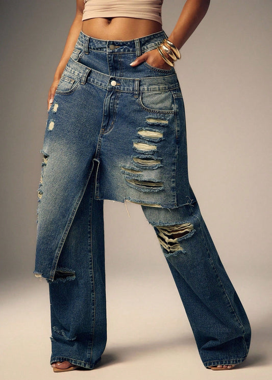Double-waistband Wide-leg Ripped Jeans