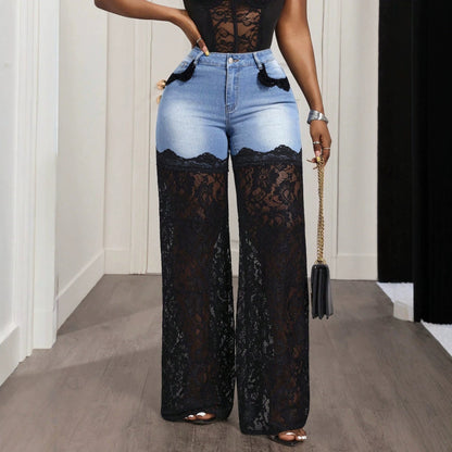 High Waist Denim Lace Patchwork Flare Pants