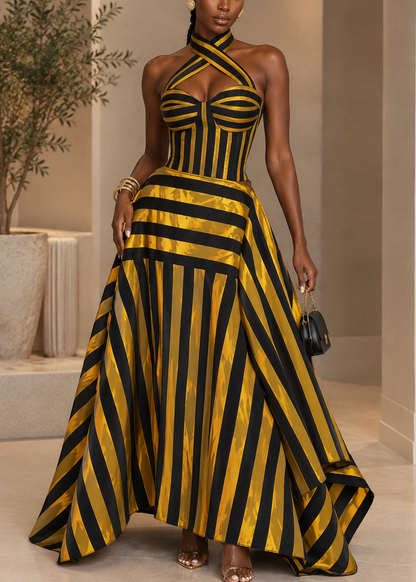 Striped Print Patchwork Ruffle Set