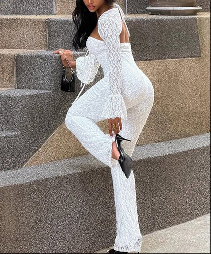 Solid-color Lace Long-sleeve Jumpsuit