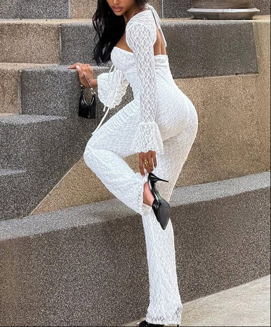 Solid-color Lace Long-sleeve Jumpsuit