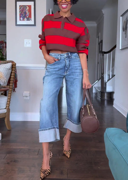 Collared Striped Knit Top