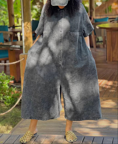 Single-breasted Loose-fit Denim Jumpsuit