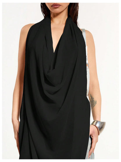 Backless Draped Halter Asymmetrical Top